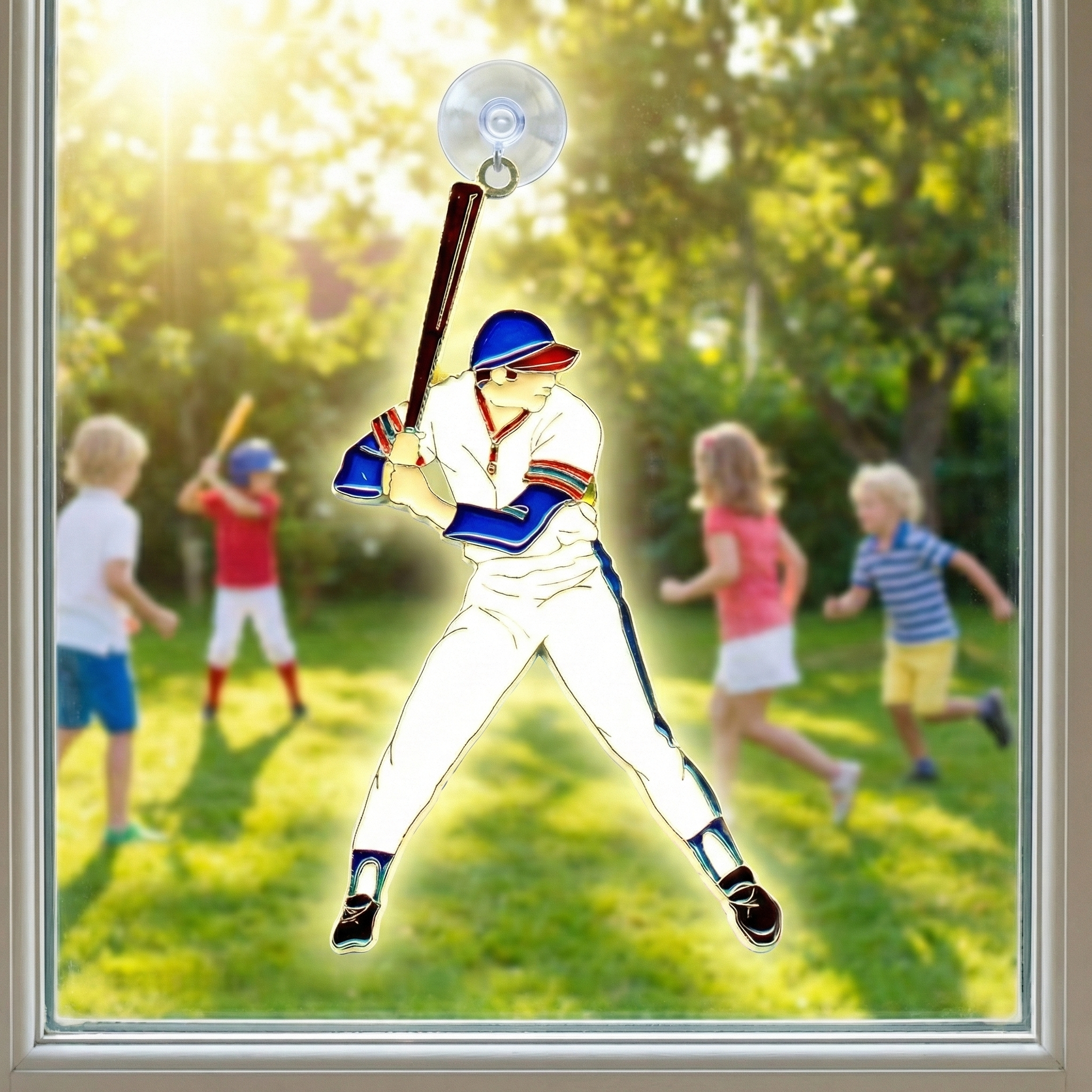 Decorative window sun catcher of a baseball player with children playing in the background