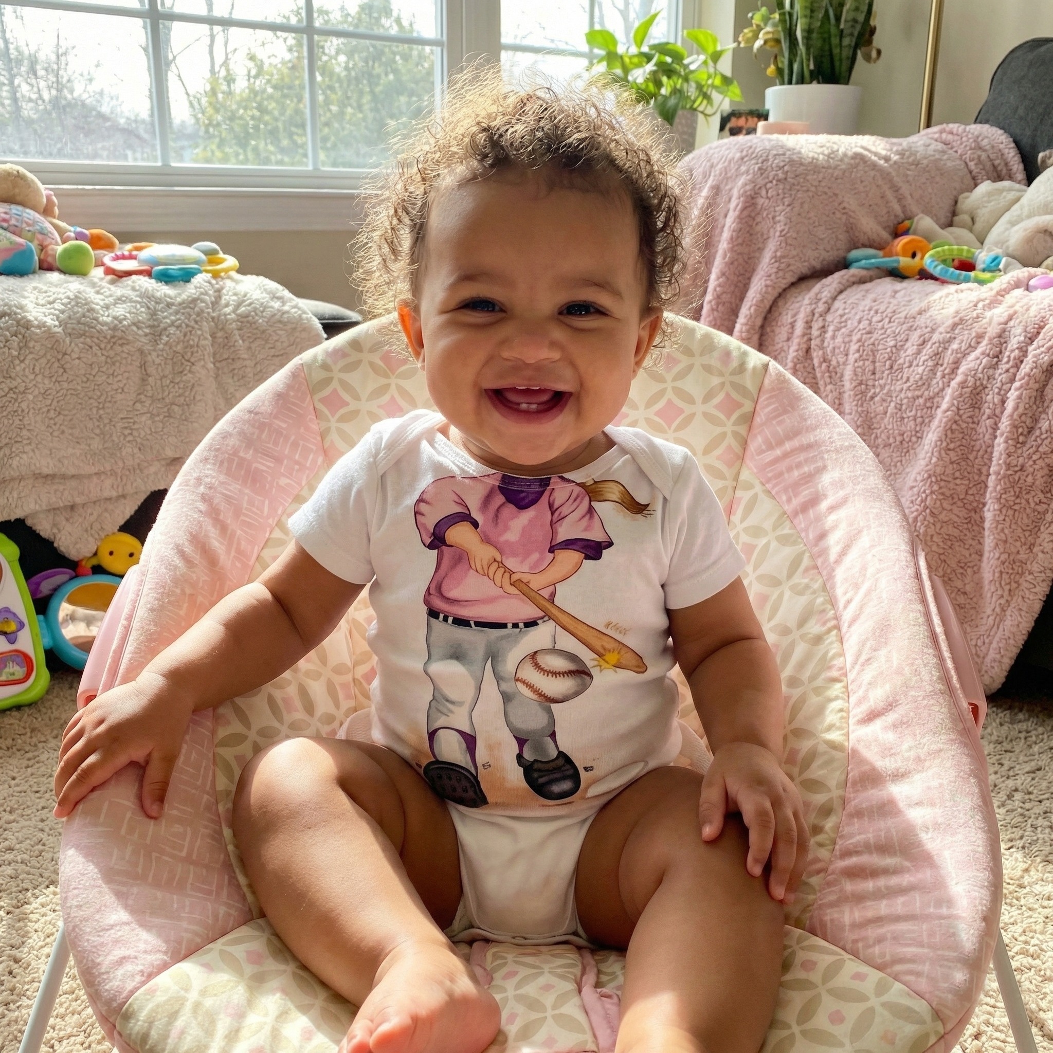 Child sitting in a baby bouncer wearing a onesie with a baseball design.