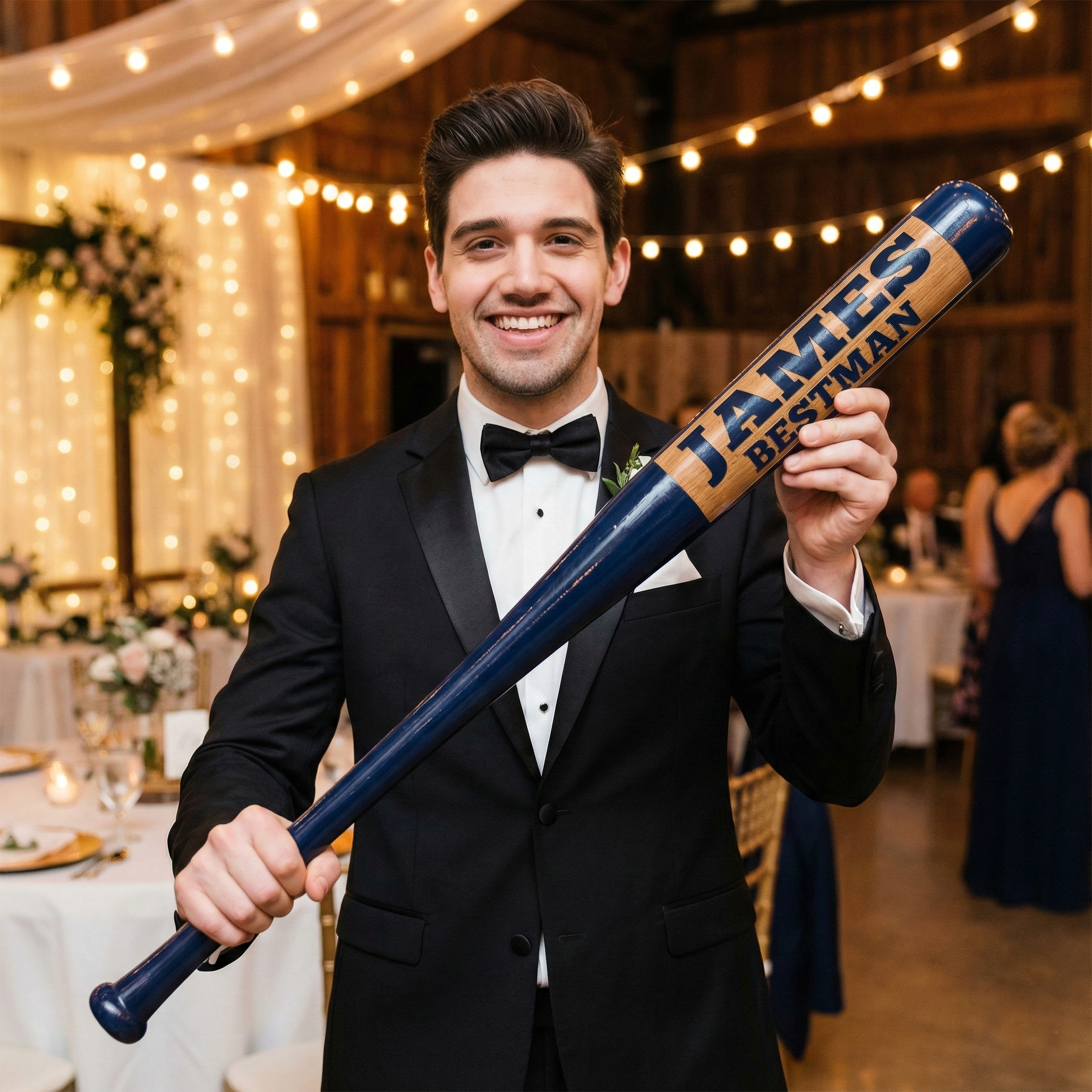 Man in a tuxedo holding an engraved baseball bat wedding gift with 'James Bestman' on it in a festive indoor setting.