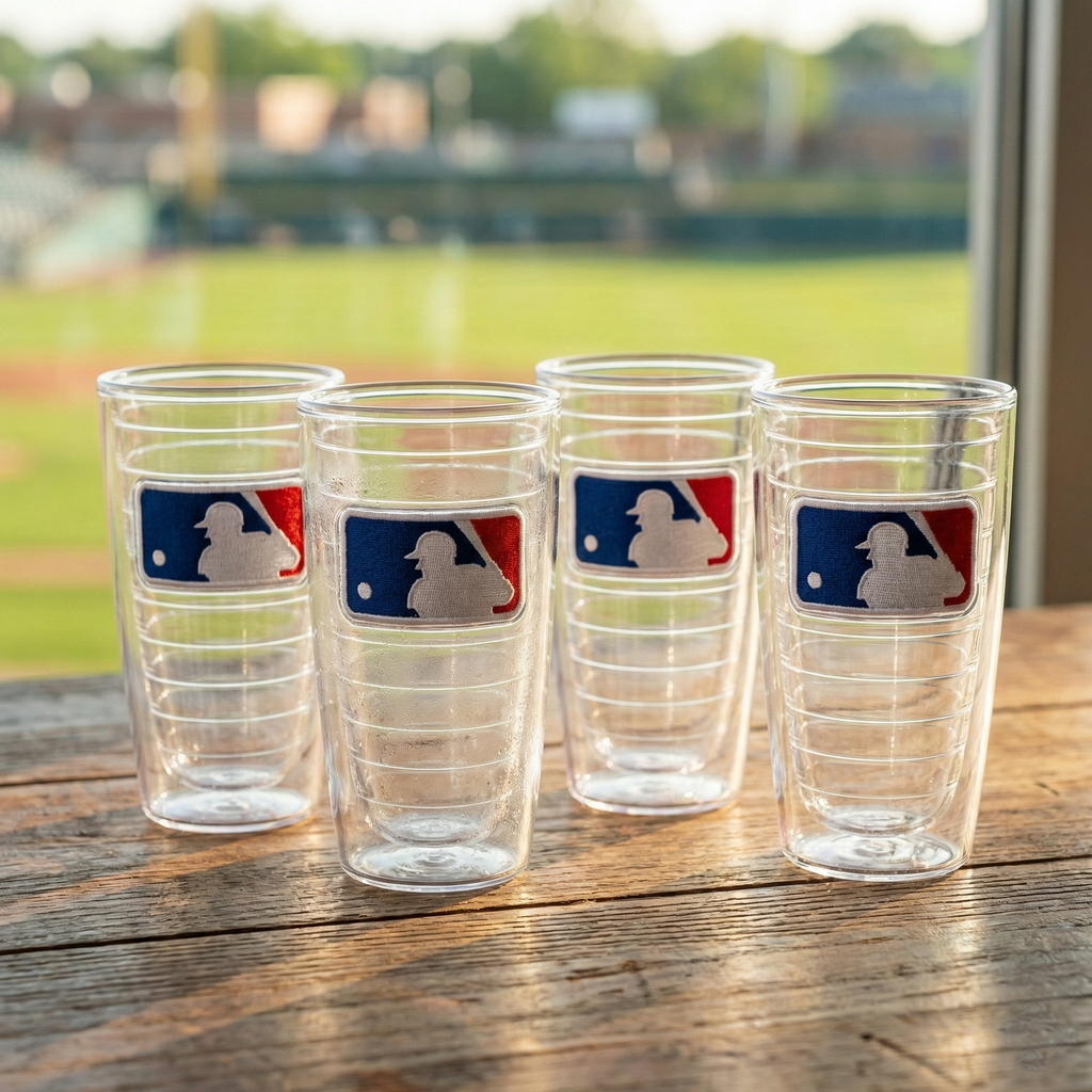 Set of clear Tervis tumblers with MLB logo on a wooden surface with a baseball field background