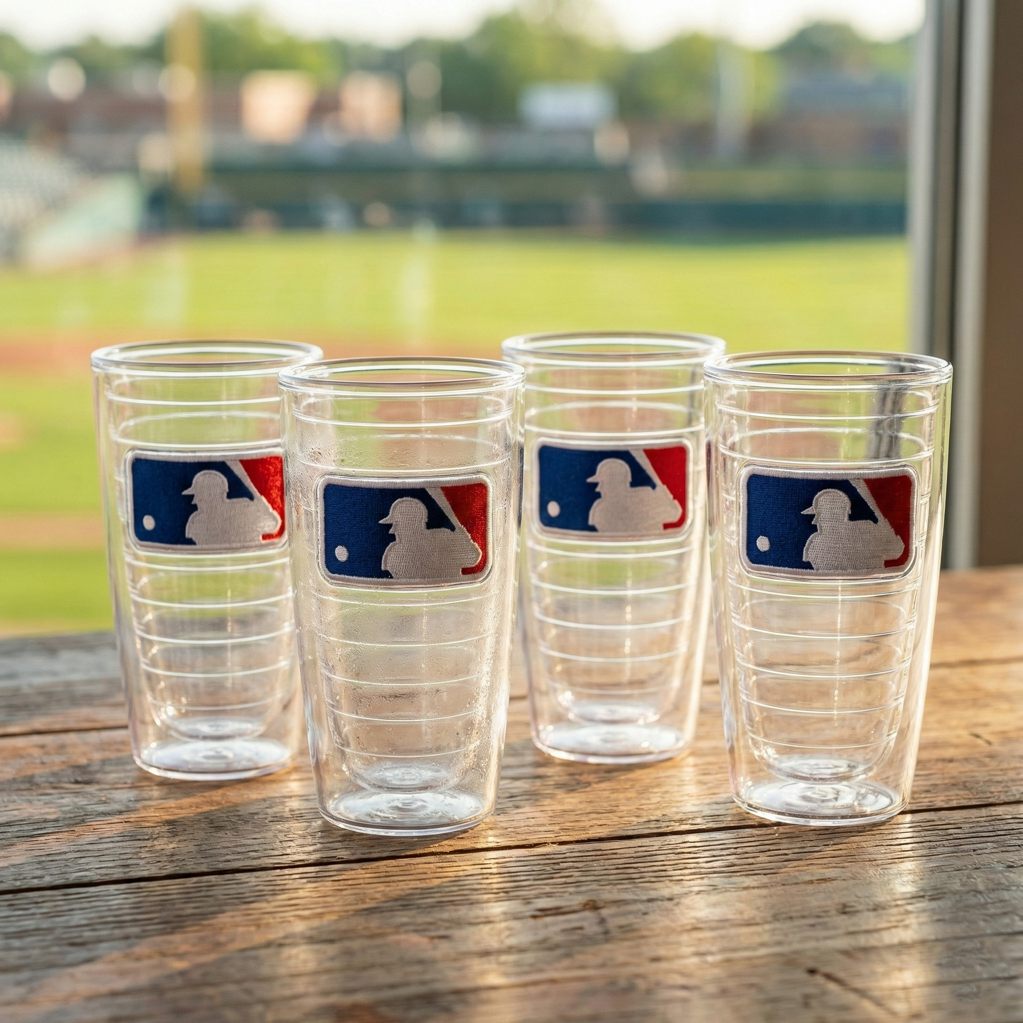 Set of clear Tervis tumblers with MLB logo on a wooden surface with a baseball field background