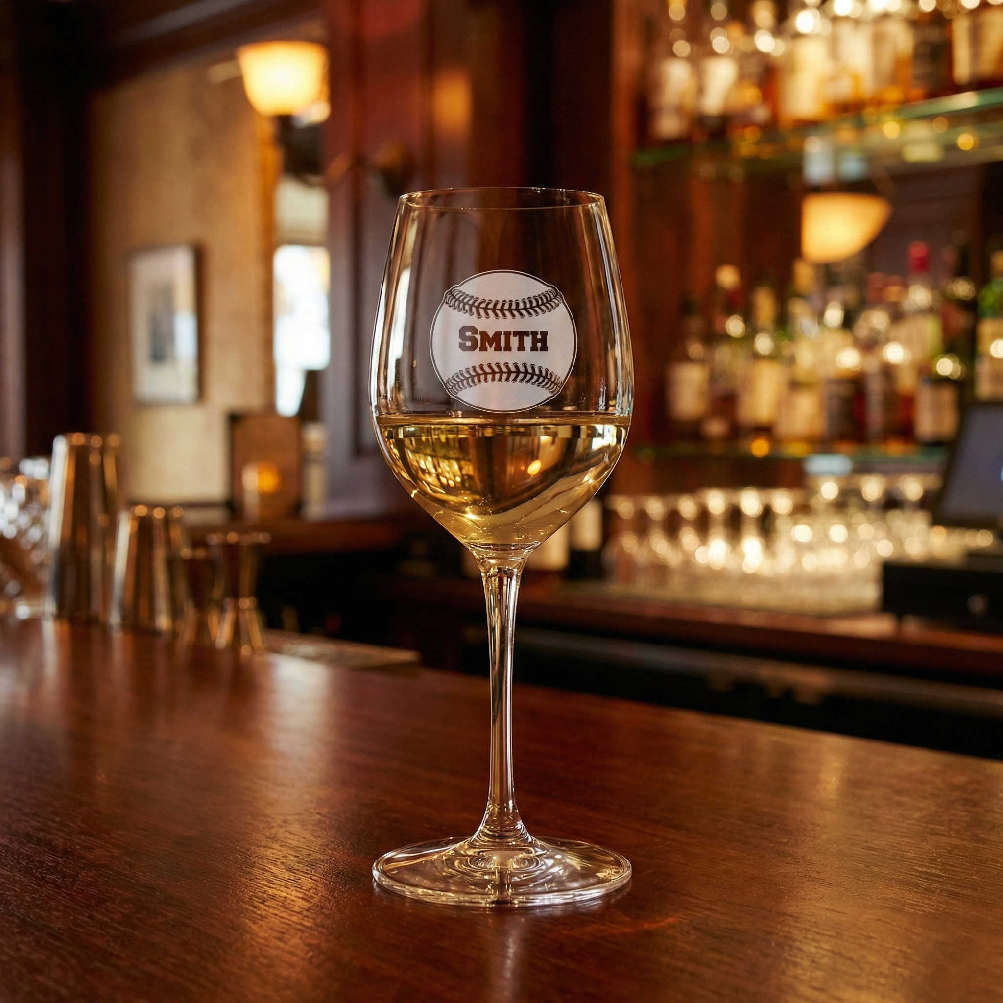 Custom baseball wine glass with 'Smith' engraving on a bar counter