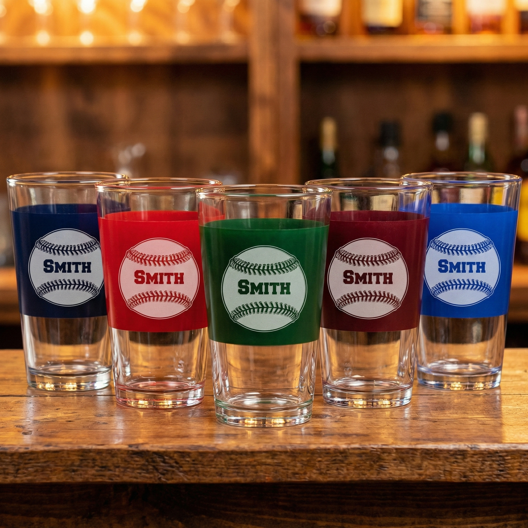 Five game day pint glasses with engraved baseballs customized for Smith family on a wooden surface.