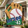 Baseball-themed decorative flag with 'Let's Go' and number '43' on a house exterior.
