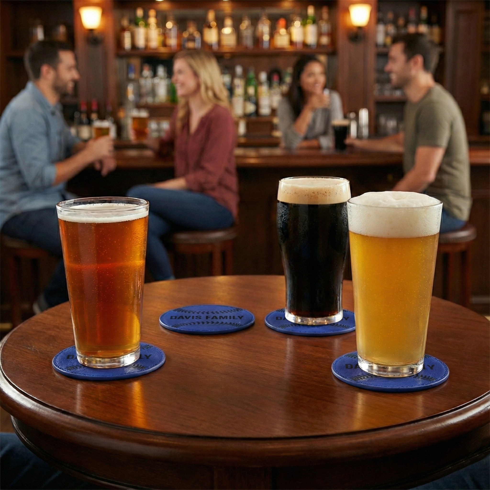 Three glasses of beer and four blue baseball coasters on a bar counter with patrons in the background