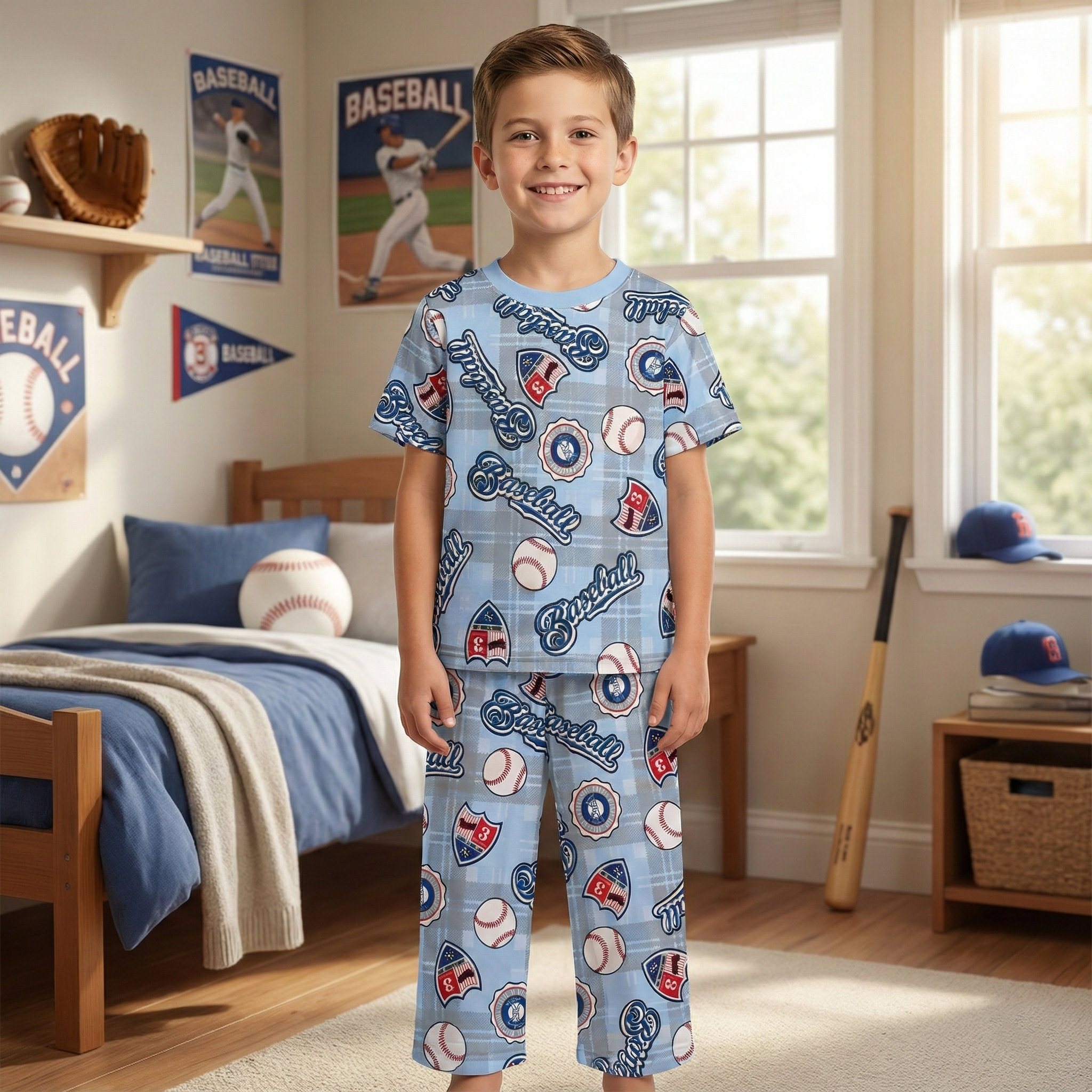 Child wearing baseball-themed pajamas in a bedroom with sports decor.