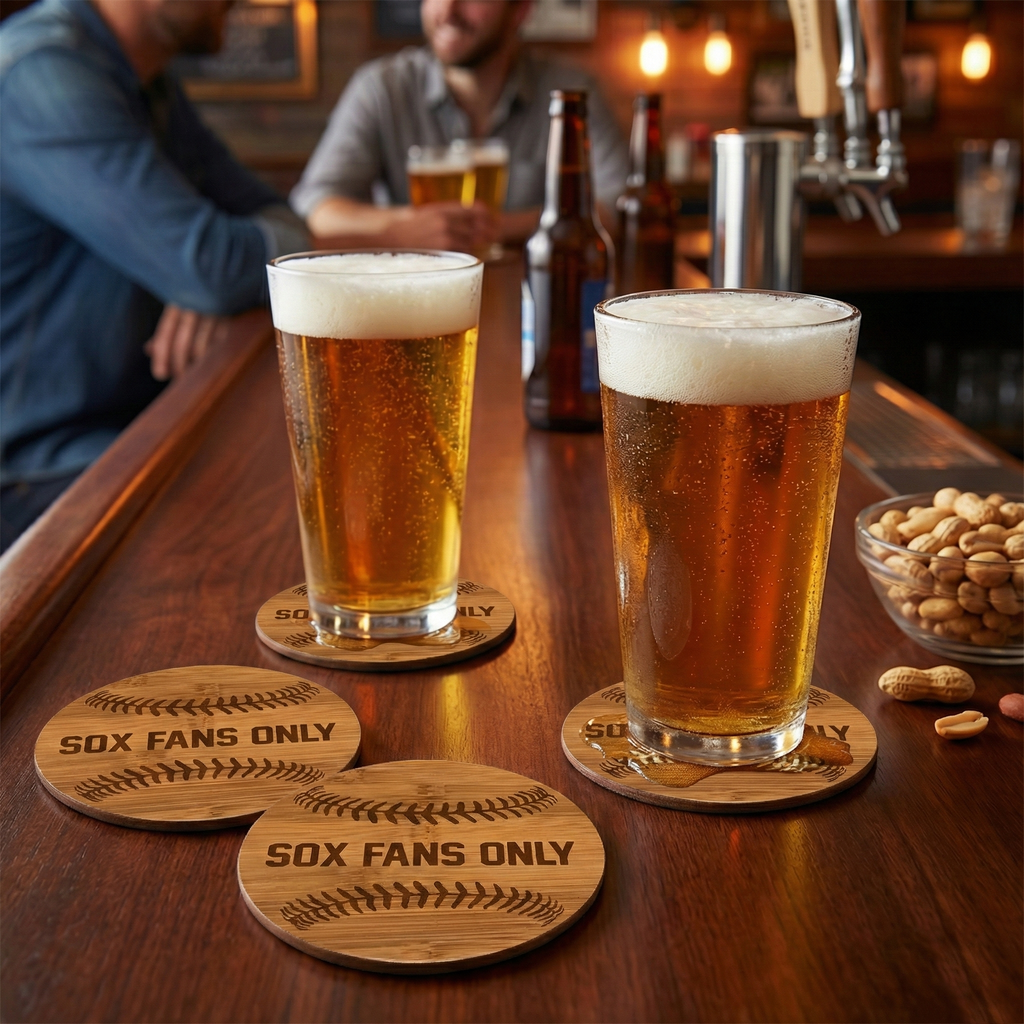 Two glasses of beer on a bar with 'Sox Fans Only' baseball theme bamboo coasters.
