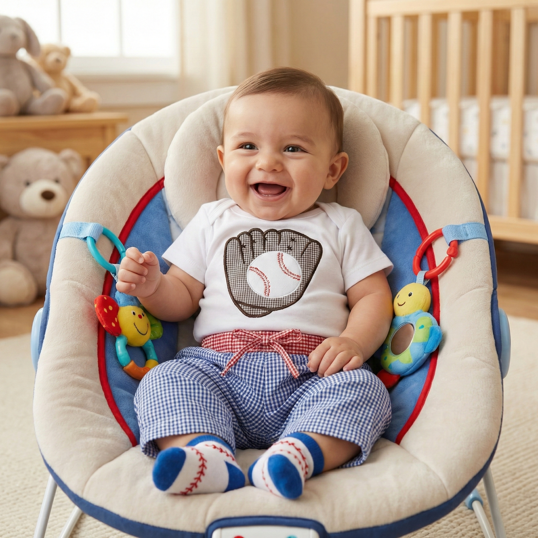 Baby in bouncy seat wearing Mud Pie Baseball 3-Piece Baby Clothes