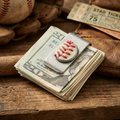 baseball seams steel money clip with vintage baseball background.