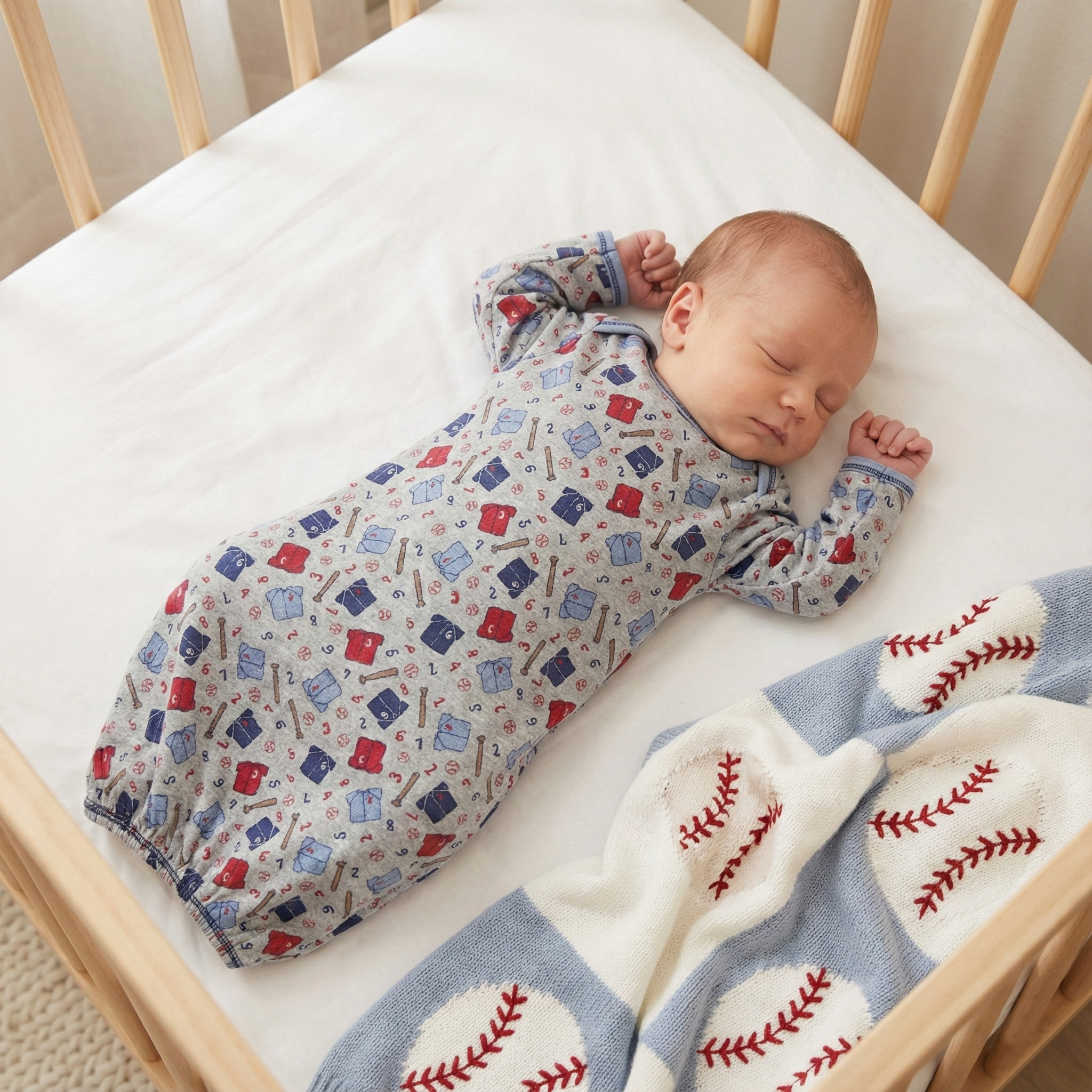 Newborn baby in a gown sleeping in a crib with a baseball-themed blanket