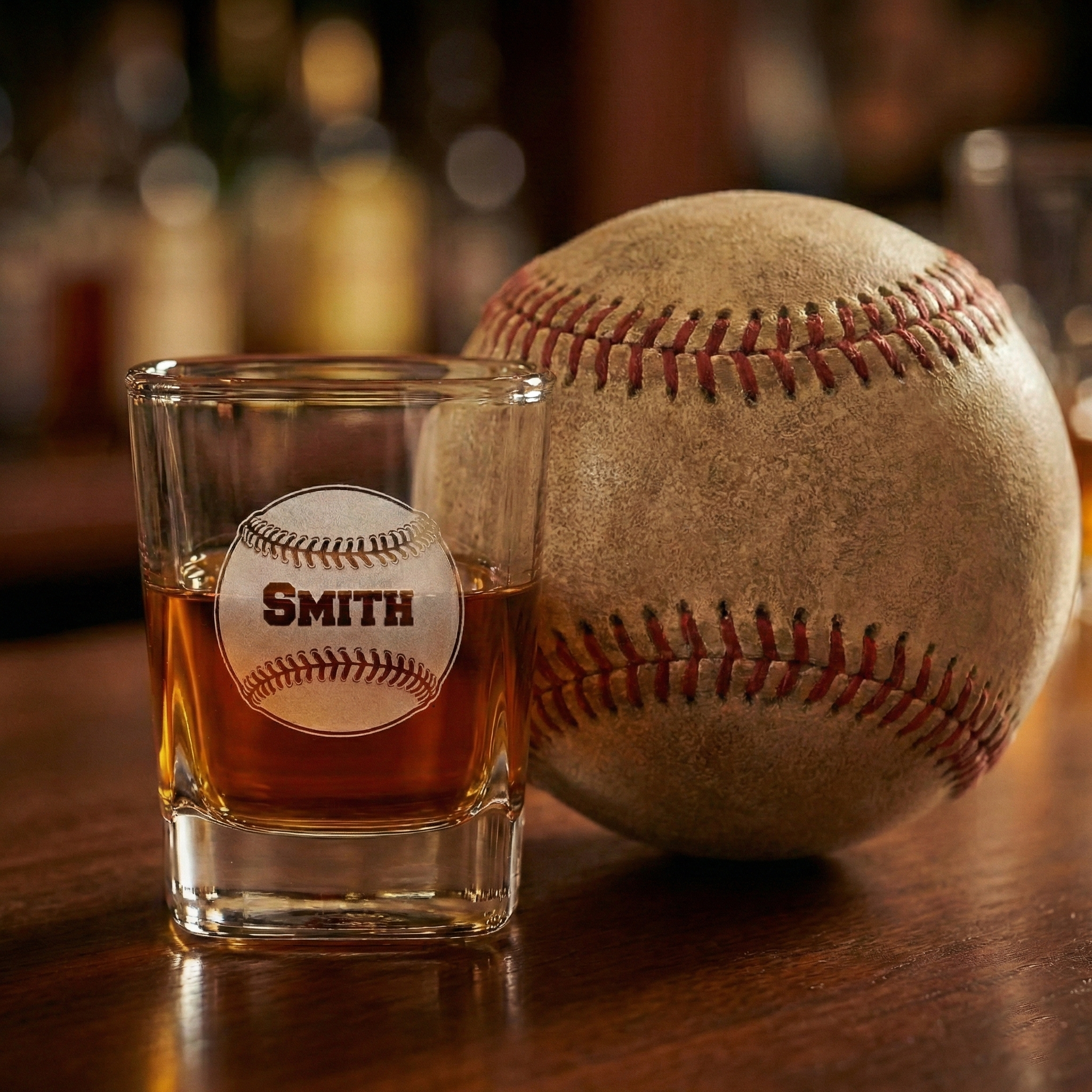 Custom engraved baseball square shot glass with whiskey next to a baseball on a wooden surface.