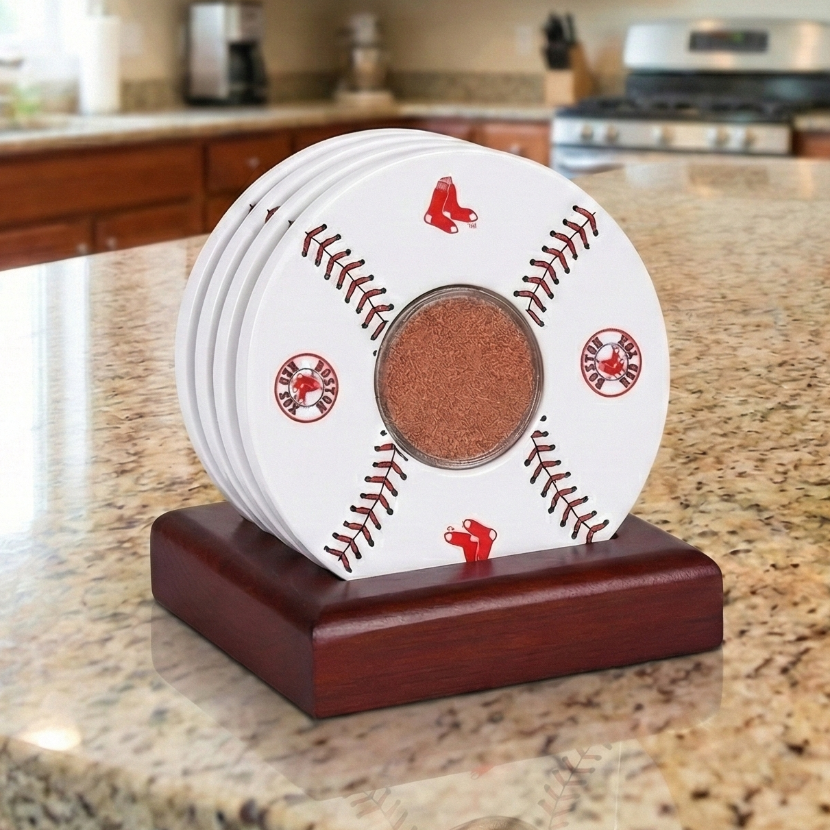 Boston Red Sox game used ceramic coaster set by Steiner in a kitchen 