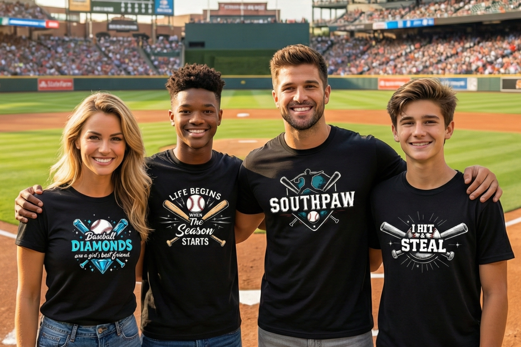 everything baseball custom shirts four people on baseball field