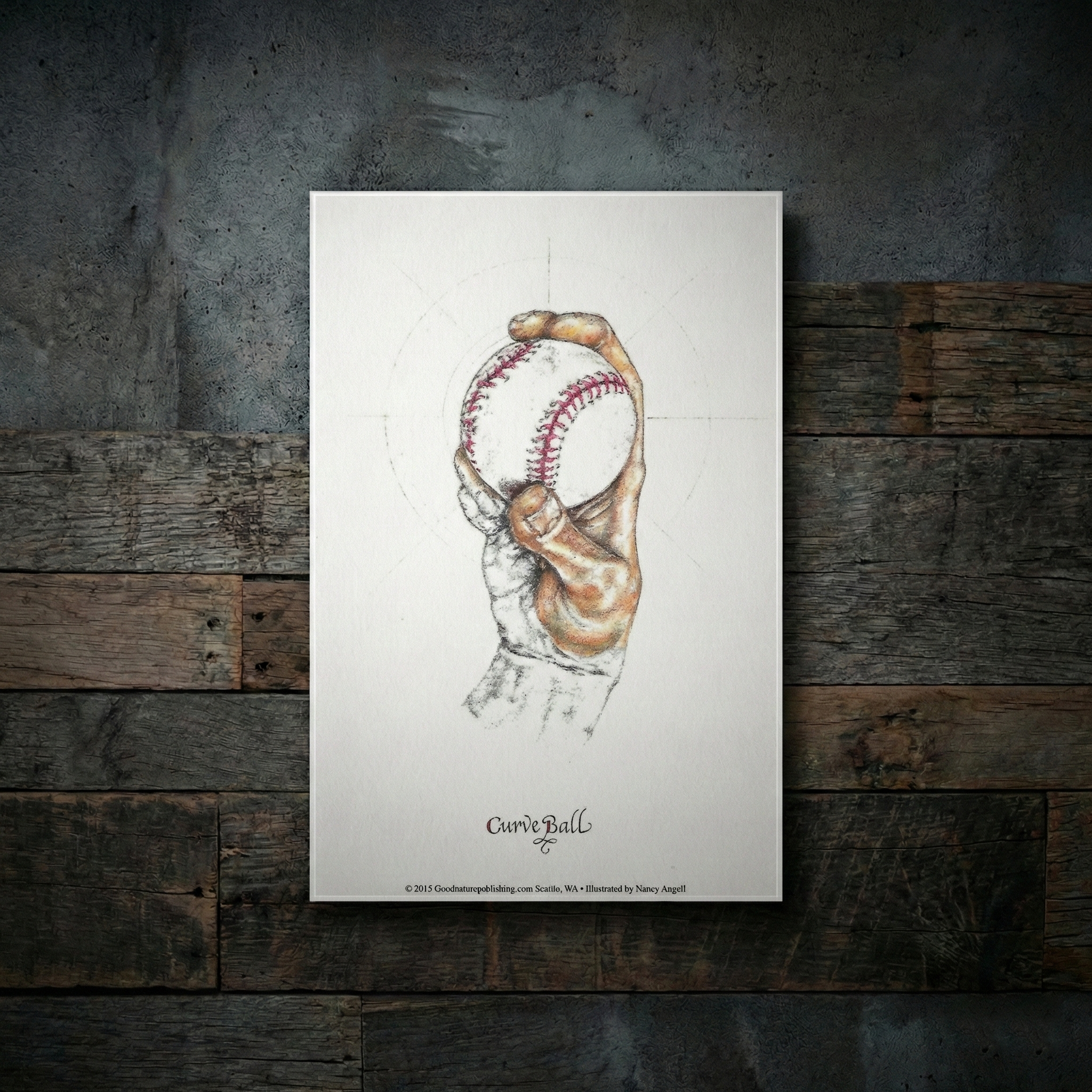 Curve Ball basebll art on a wooden surface.