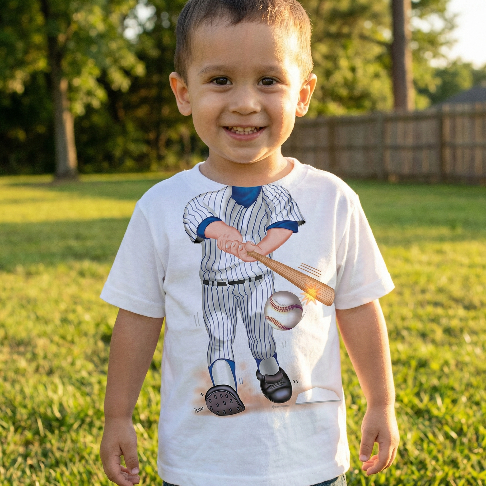 Child wearing a t-shirt with a baseball player graphic outdoors on a grassy area
