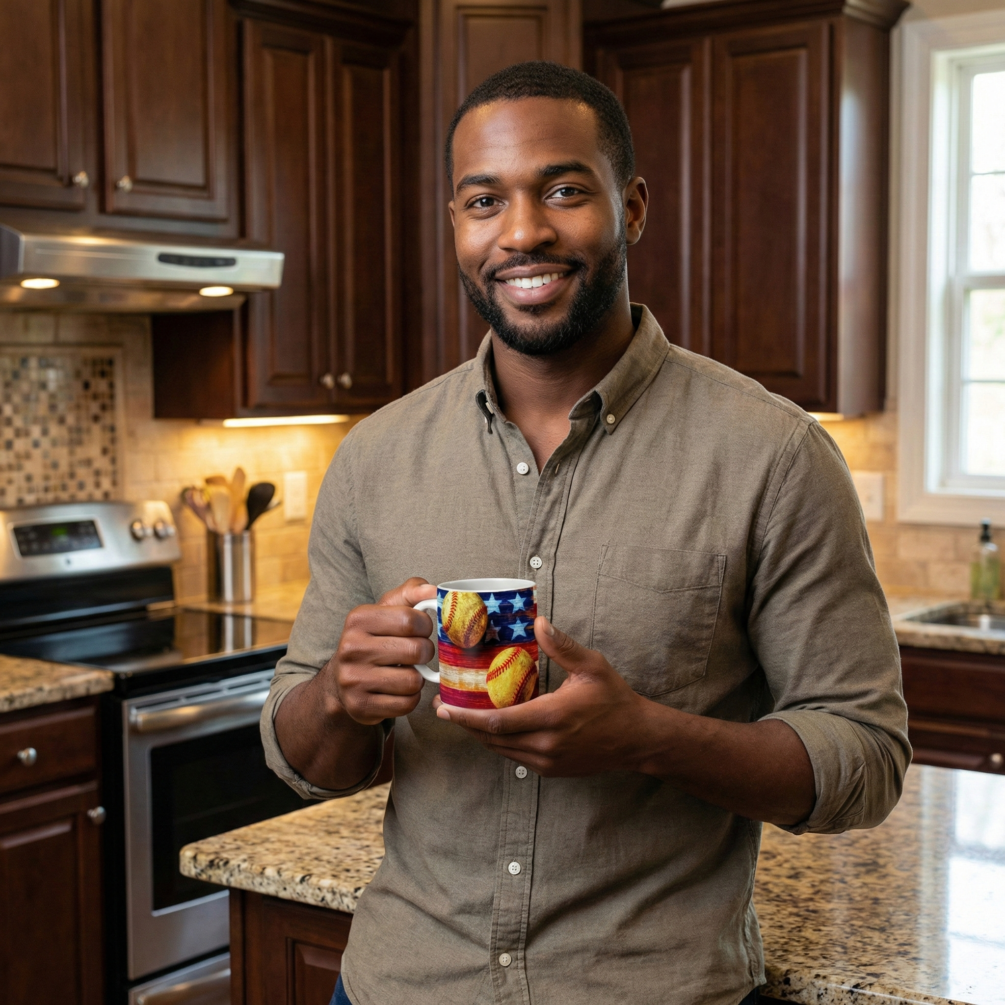 Man holding a mug with a colorful baseball design in a nice kitchen
