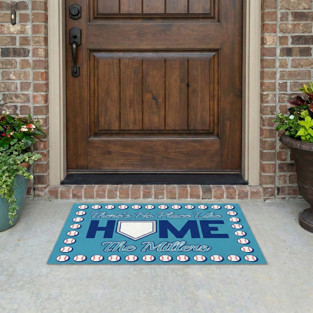 Baseball No Place Like Home doormat with 'Home' and 'The Millers' text in front of a wooden door.