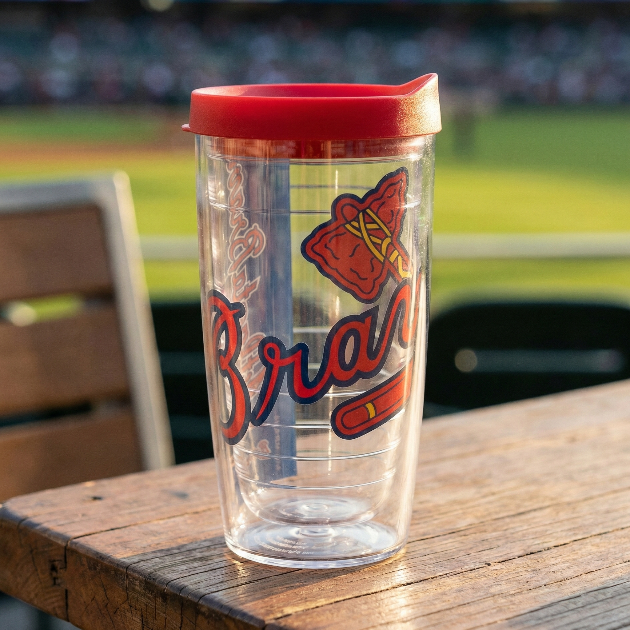 Clear tumbler with red lid featuring Atlanta Braves logo on a wooden table with a blurred baseball field background