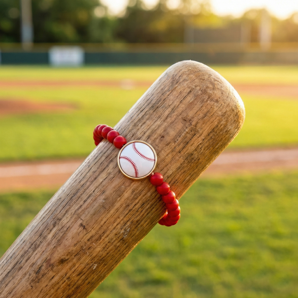 Baseball bracelet on a wooden bat with a baseball field in the background
