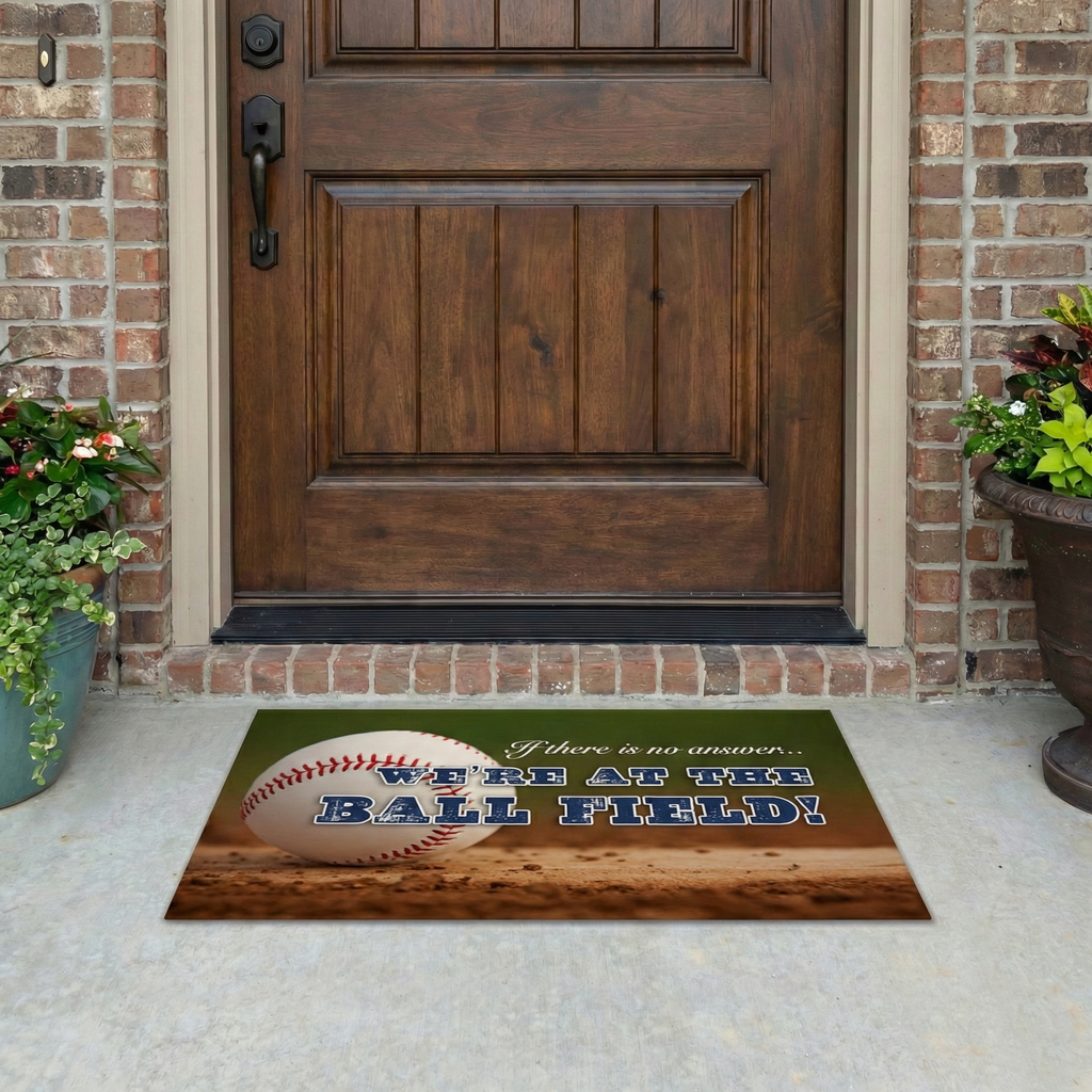We're at the Ball field doormat with baseball design and text in front of a wooden door.