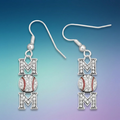 Pair of earrings with 'MOM' and baseball design on a gradient background