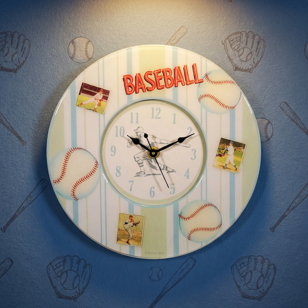 Baseball Decoupage Wall Clock on a blue background with sports equipment drawings