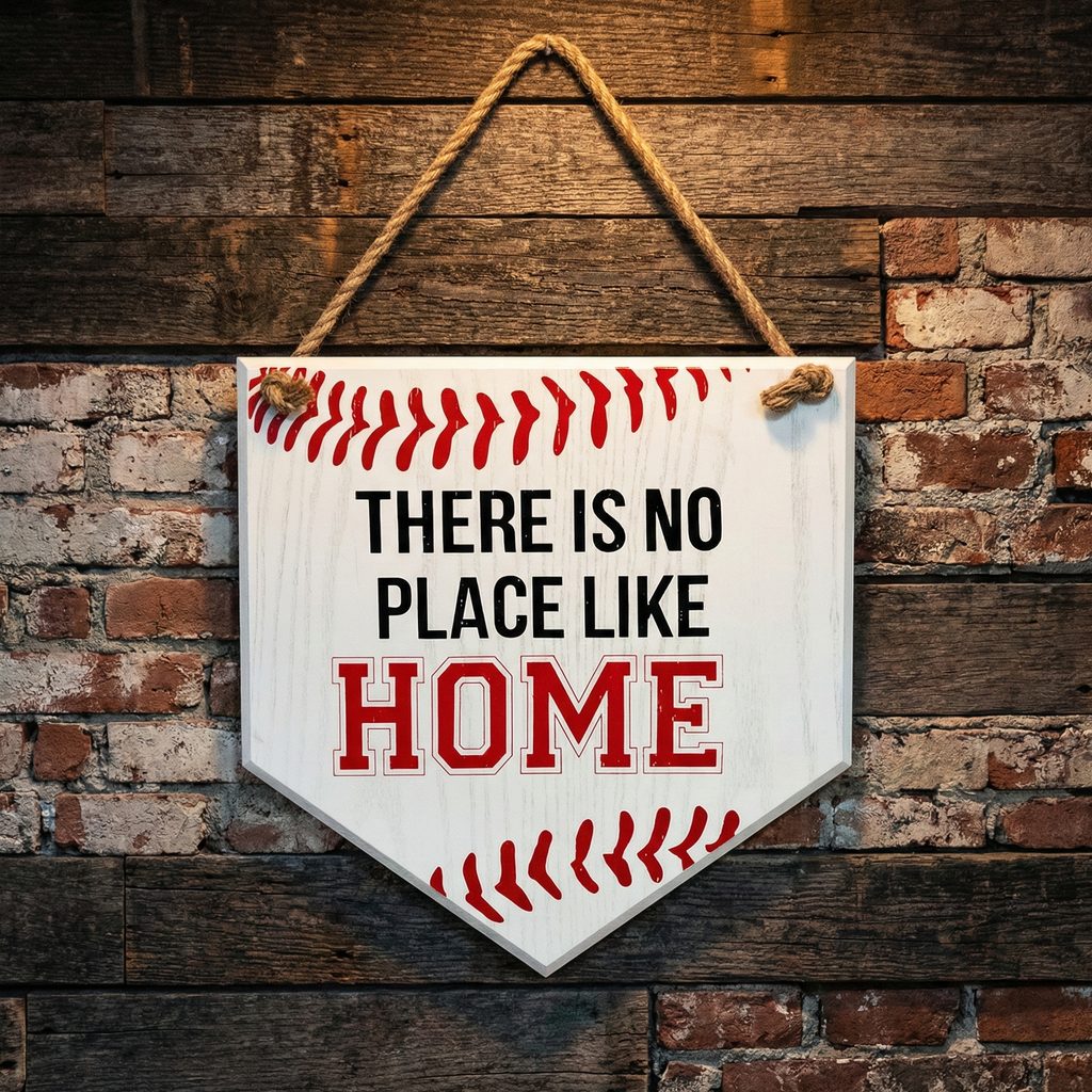 There Is No Place Like Home Baseball Home Plate Wood Sign on a wooden background