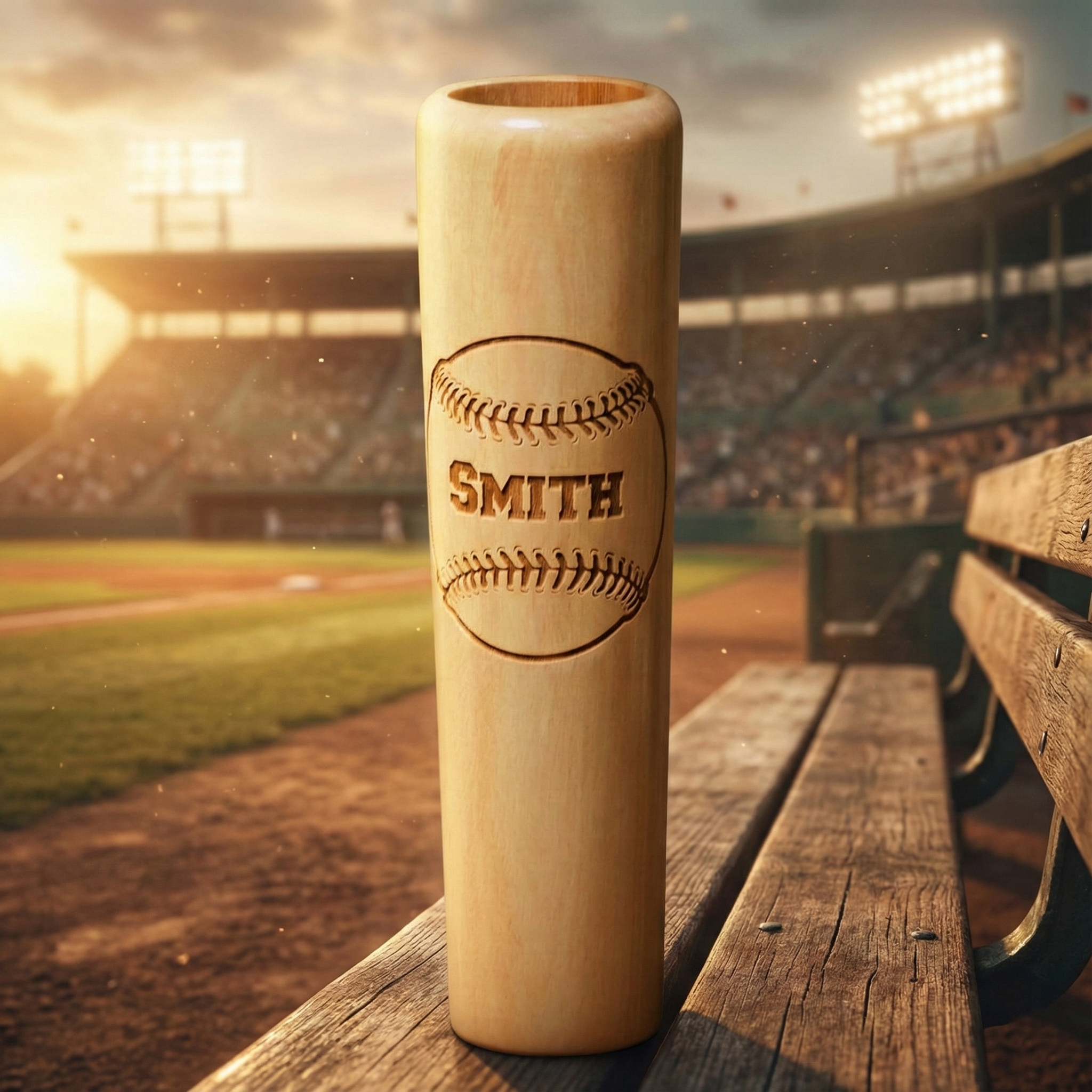 Personalized Wood Baseball Bat Barrel Mug with 'SMITH' engraving on a wooden bench at a baseball field.