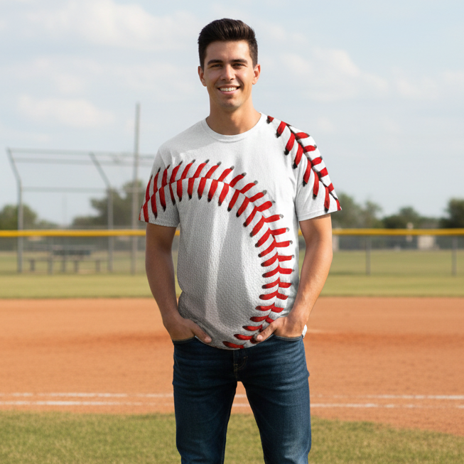 Man wearing a shirt with a baseball design on a baseball field