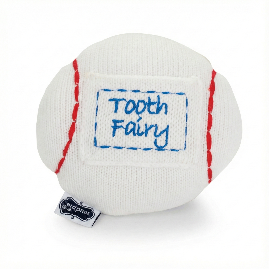 White plush baseball toy pillow with 'Tooth Fairy' text on a white background