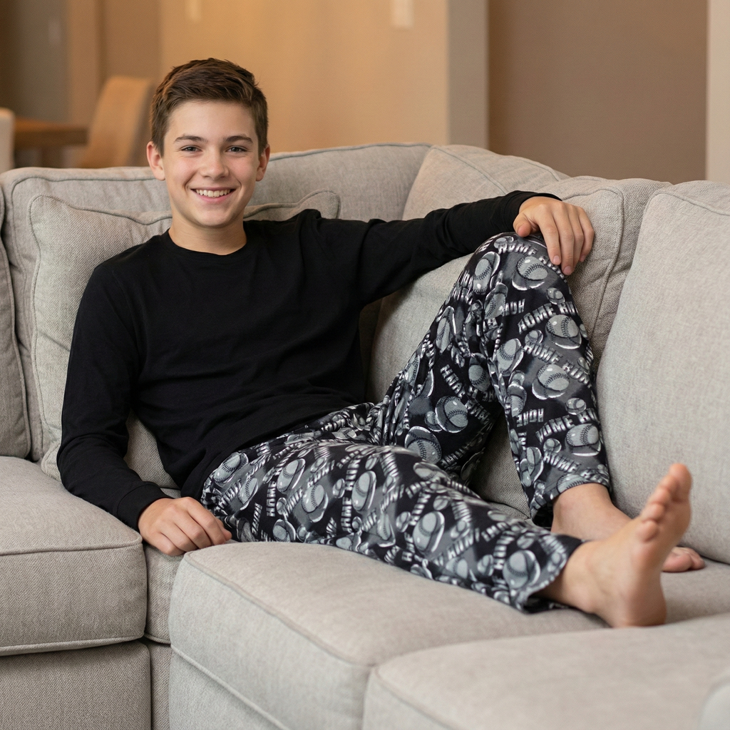 Person wearing a black long-sleeve shirt and baseball patterned baggy lounge pants sitting on a gray couch.