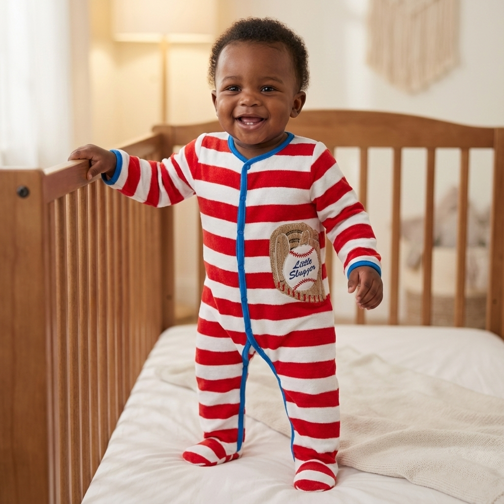 Baby in a red and white striped baseball velour onesie standing in a crib.