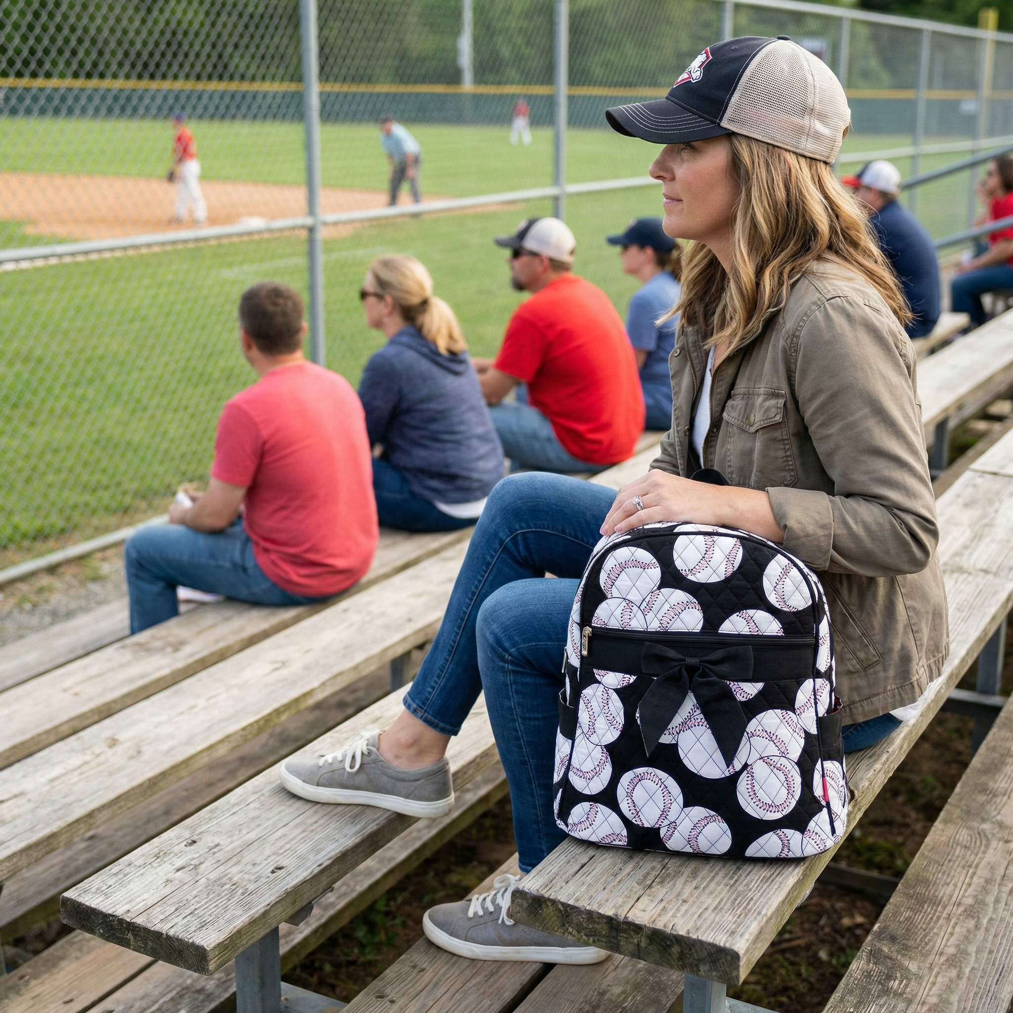 Baseballs on Black Quilted Backpack next to a fan at the baseball game.