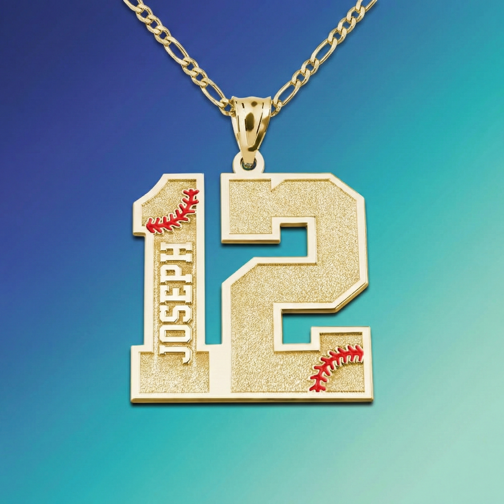 Gold baseball sports number necklace with a pendant featuring the number 12 and red baseball stitches on a blue gradient background.