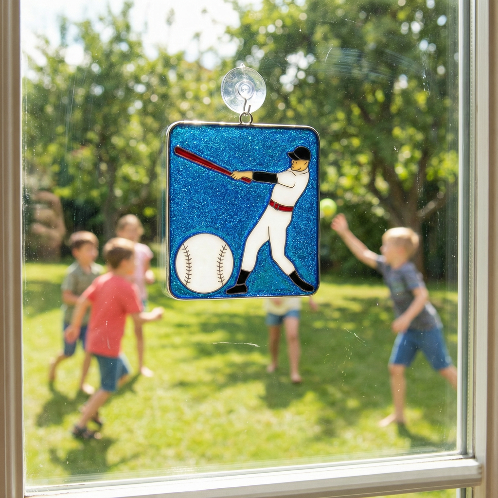Decorative baseball sun catcher window hanging with a square batter design, seen through a window with children playing outside.