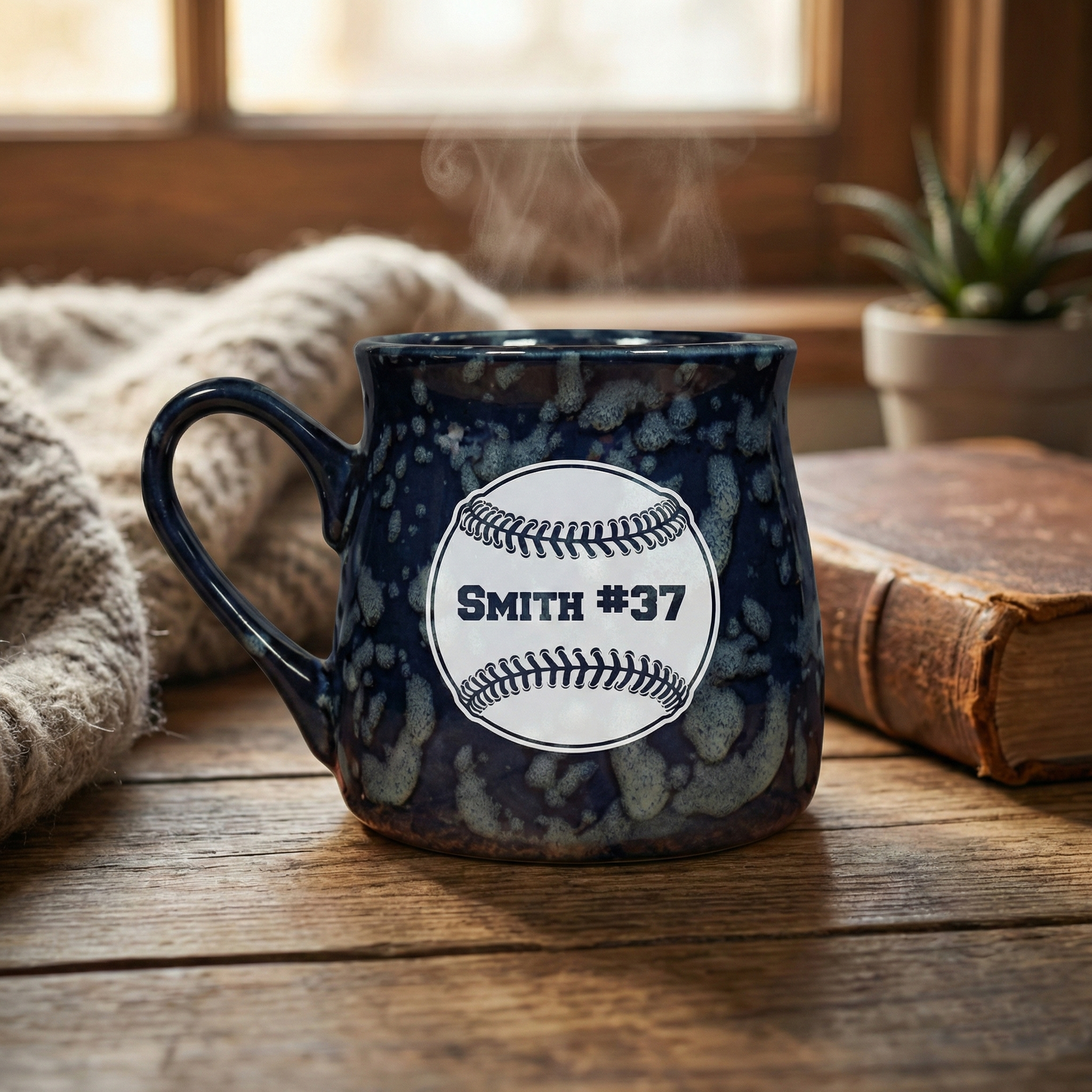 Blue marbled Paris tavern coffee mug with a baseball design and 'Smith #37' text on a wooden surface.