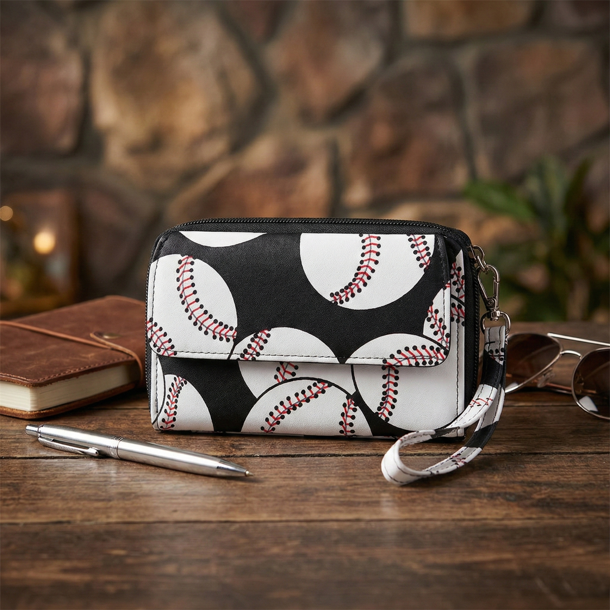 Wallet with baseball pattern on a wooden surface with a stone wall background