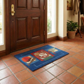 Decorative Baseball Time doormat on a tiled floor in front of a wooden door.