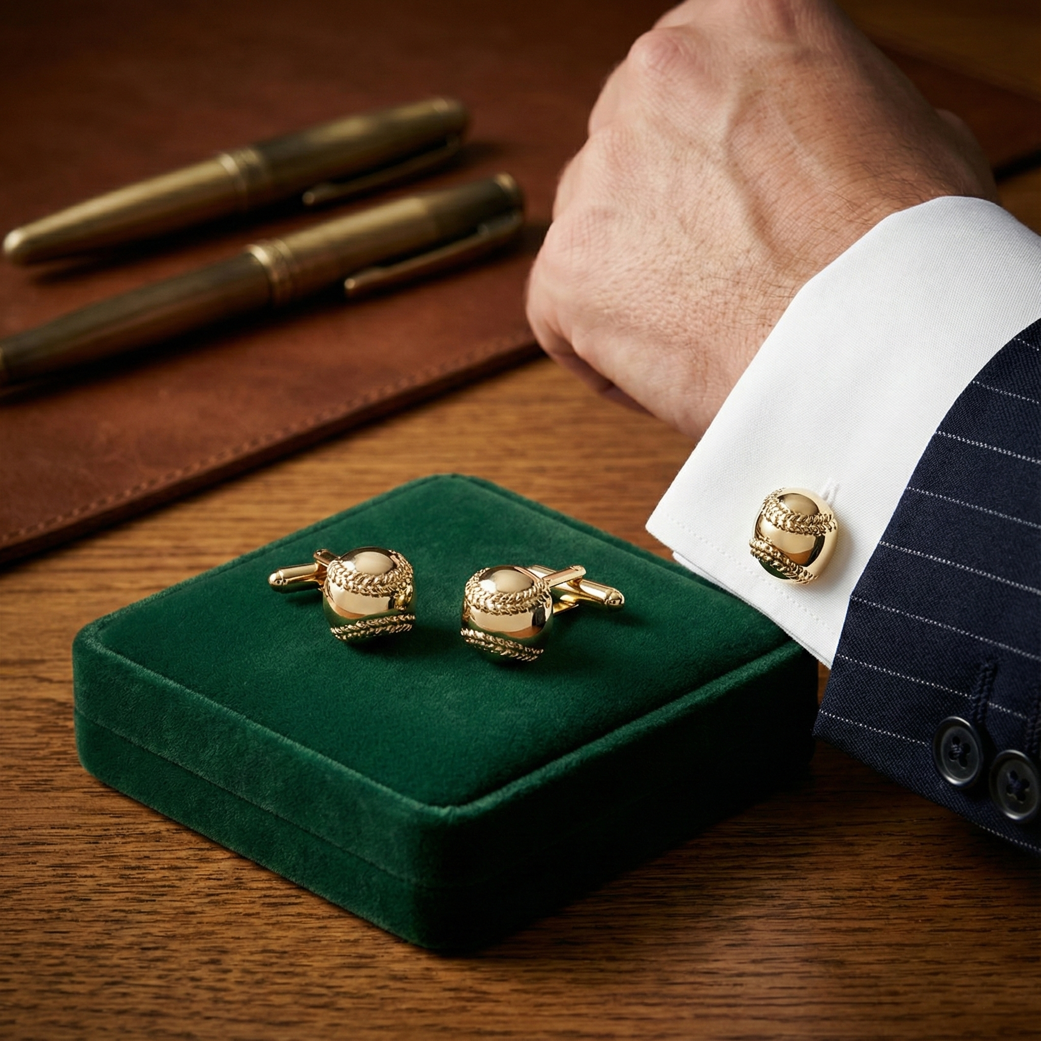 Gold baseball cufflinks on a green velvet box with a hand wearing a cufflink and pens in the background.