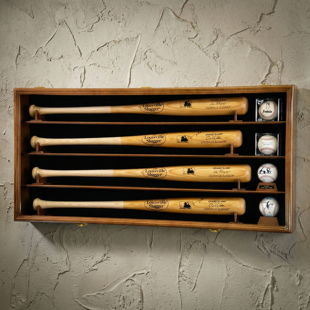 Set of Louisville Slugger baseball bats and balls in a wooden display case against a textured wall.