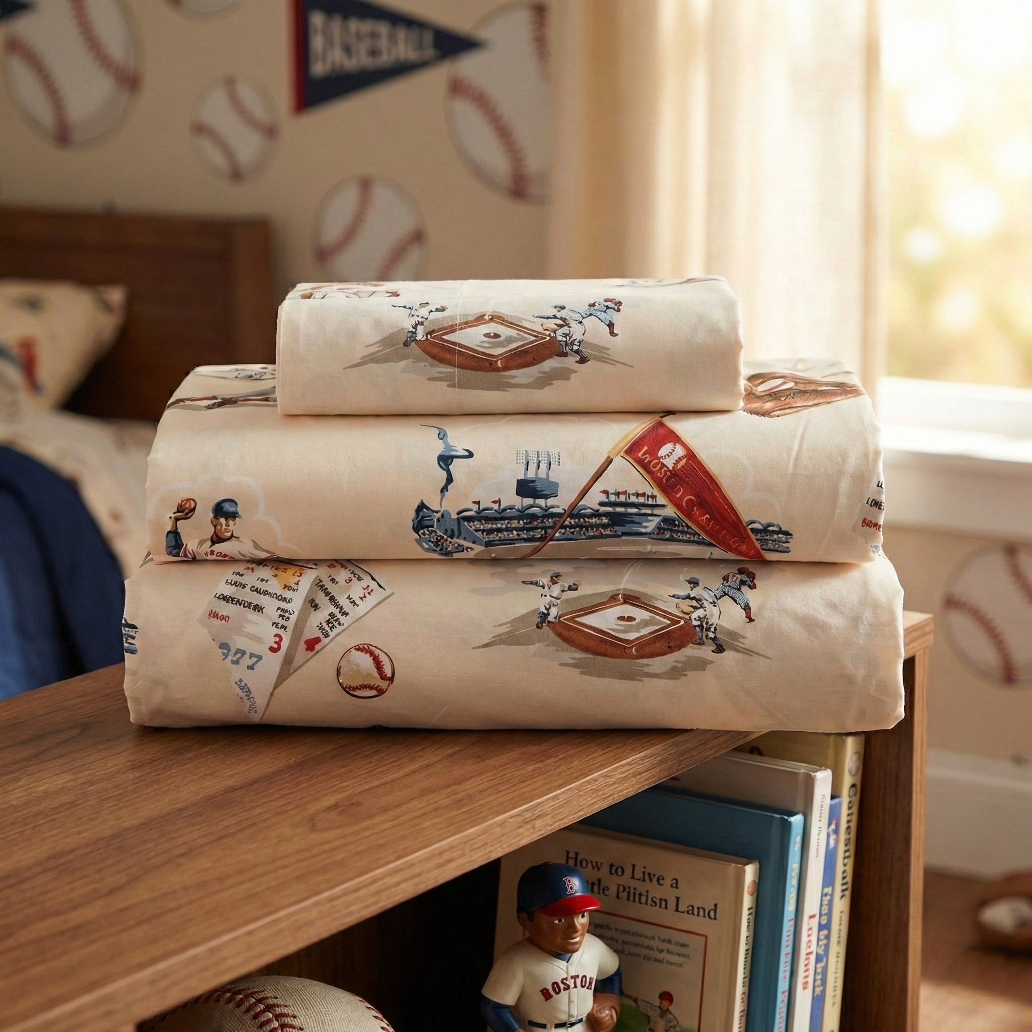Baseball World Series Twin Sheet Set on a kids room bookcase 