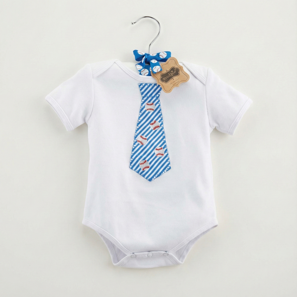 White baby onesie with a blue tie on a hanger against a white background