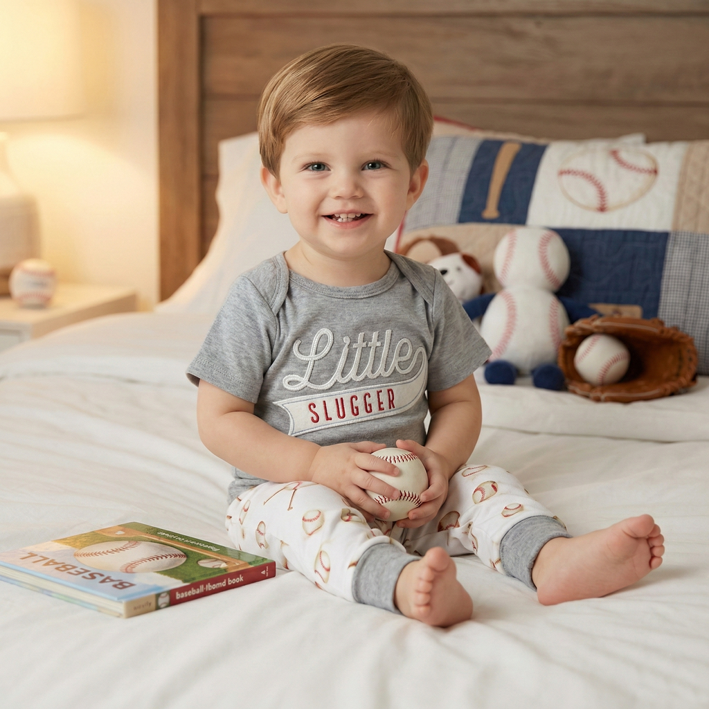 Mud Pie Little Slugger 2-Piece Baby Set on a cute boy getting ready for bed
