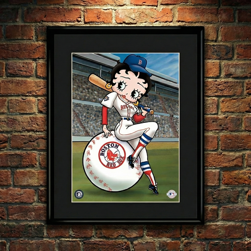 Betty Boop MLB Baseball Team Boston Red Sox Framed Lithograph on a brick wall.