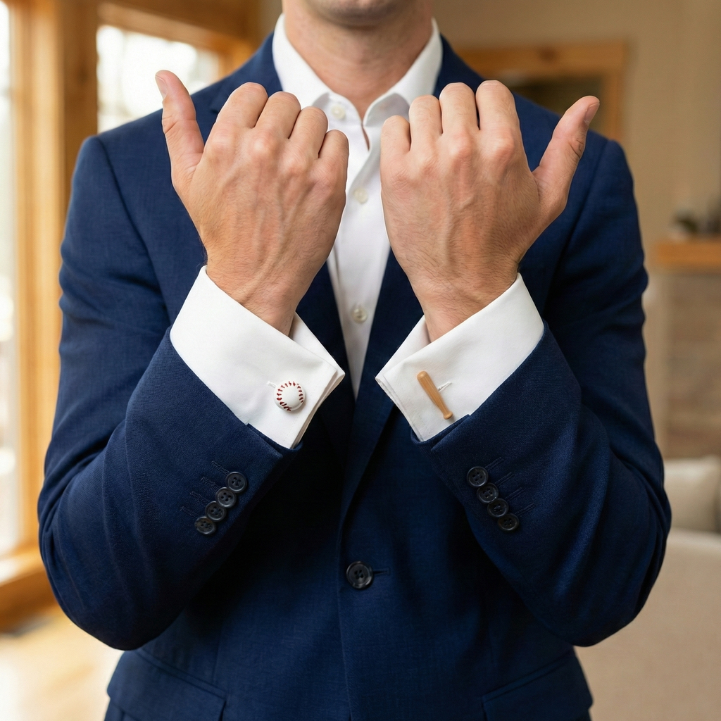 Baseball & Bat Cufflinks on a guy in a suit. 