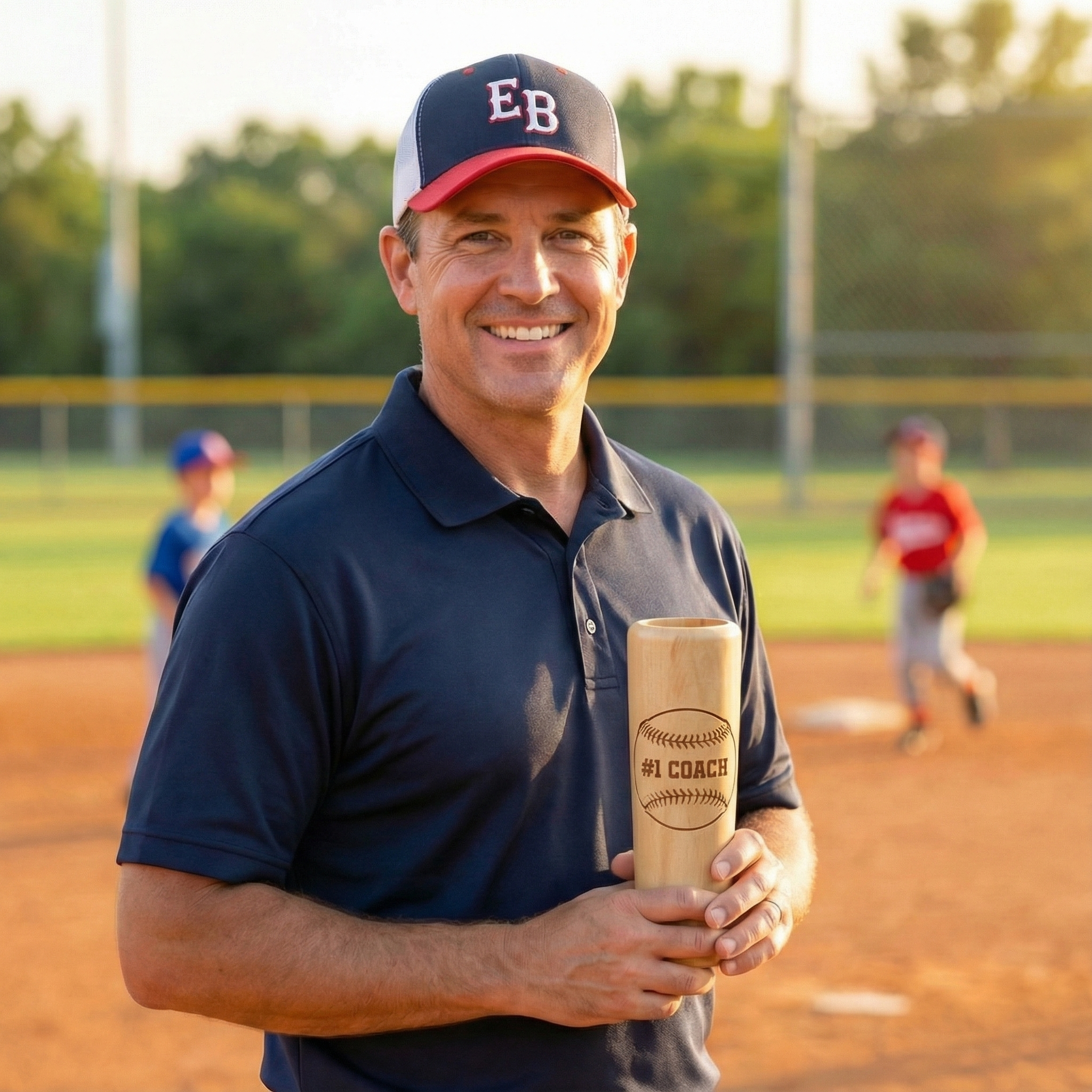 Man holding a Personalized Wooden Baseball Bat Barrel Mug with 'EB' on a baseball field