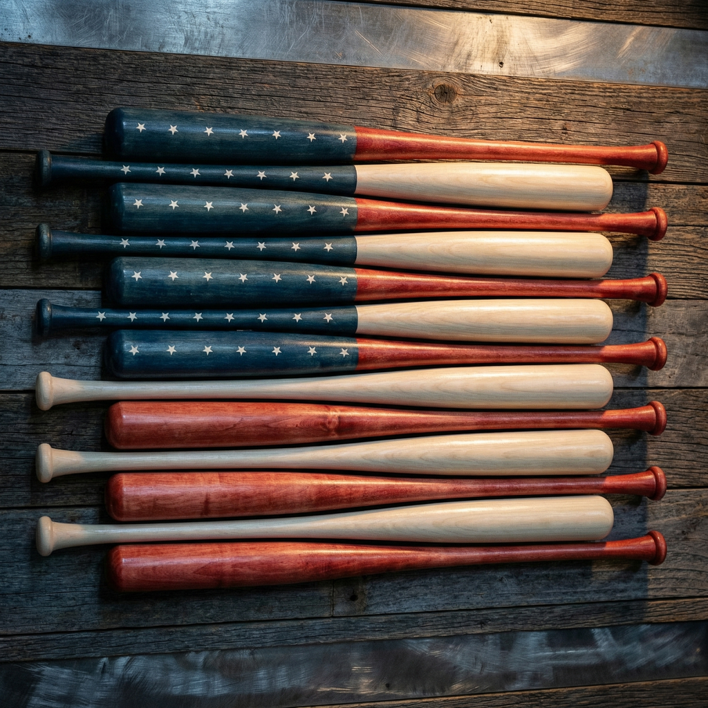 Vintage aseball bats with American flag design on a wooden surface