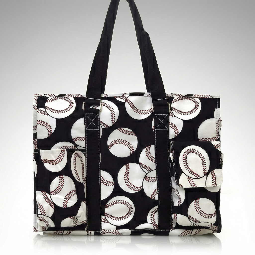Black tote bag with baseball pattern on a white background