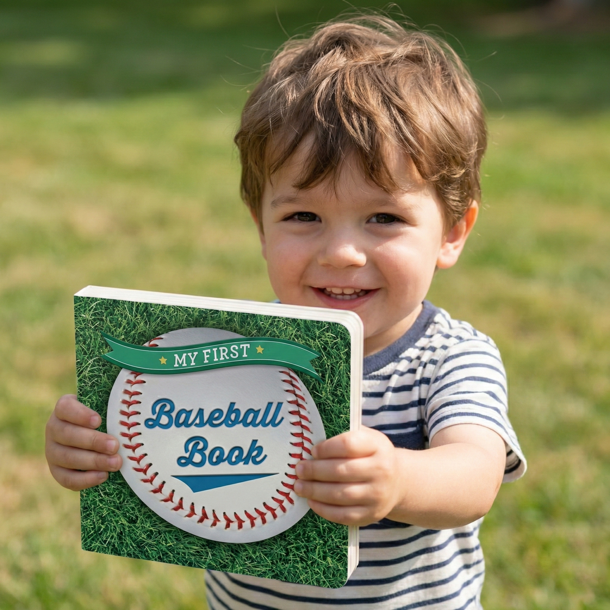 My First Baseball Board Book displayed outside by a boy in a striped shirt