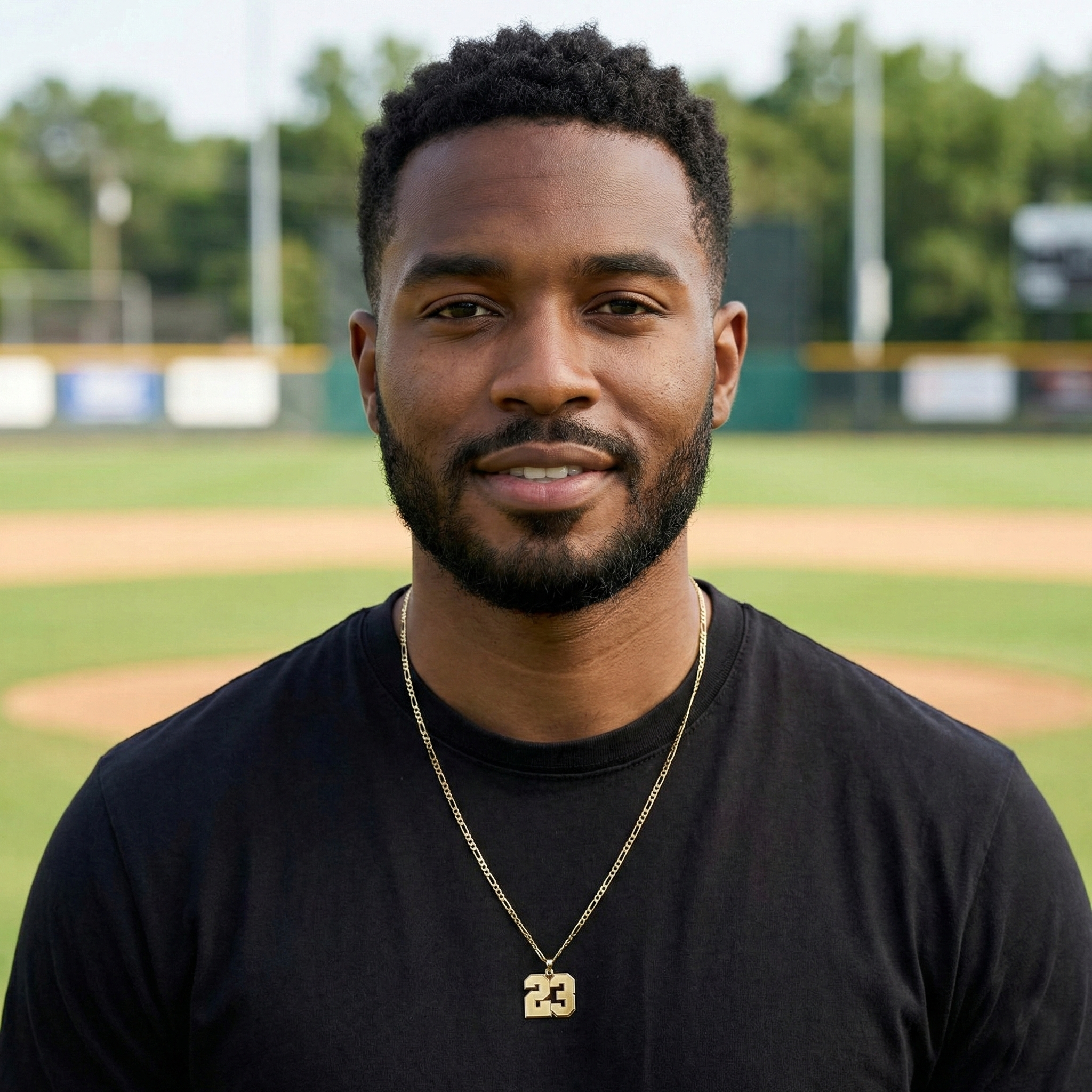 Man wearing a black shirt and gold sports number 23 necklace on a baseball field